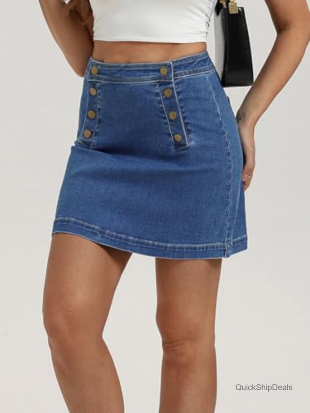 High Waist A-Line Denim Mini Skirt with Front Button Panel - Picture 5 of 6